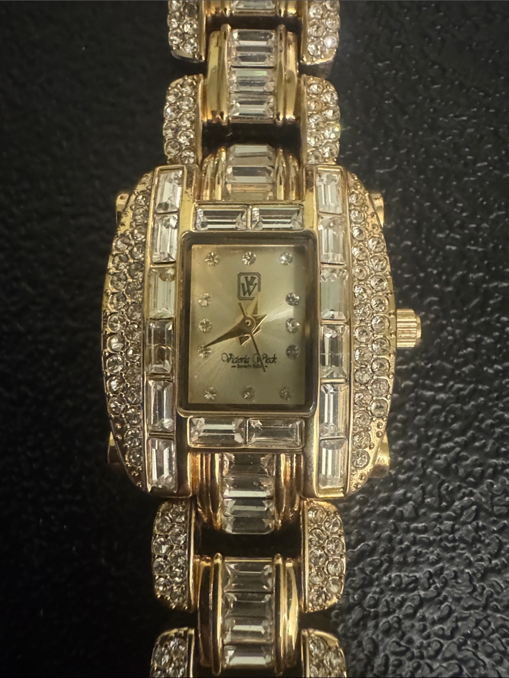 Victoria Wieck Gold Crystal Link Bracelet Watch with Rectangular Dial